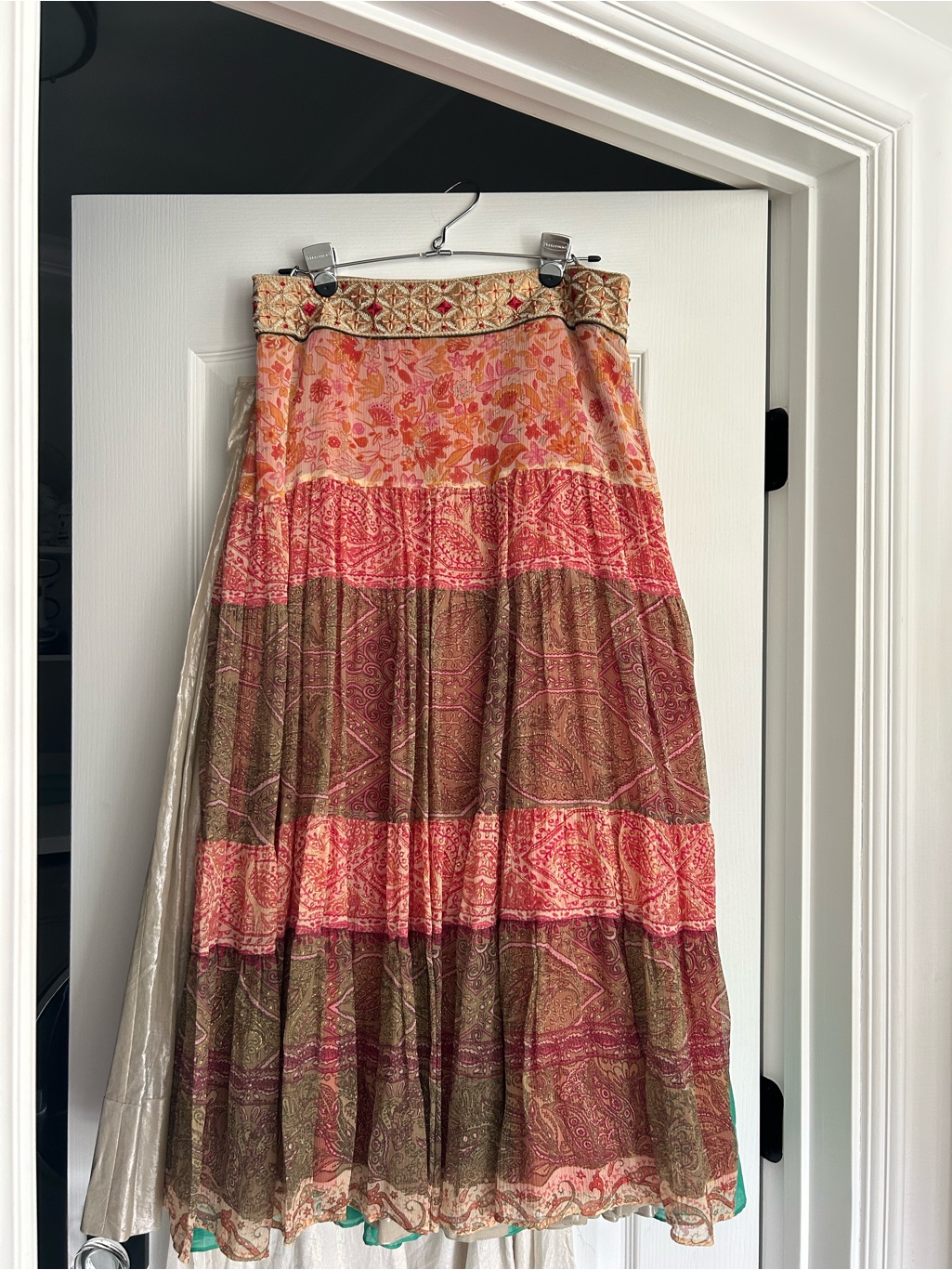Kenar Tiered Floral Maxi Skirt In Coral, Olive And Beige